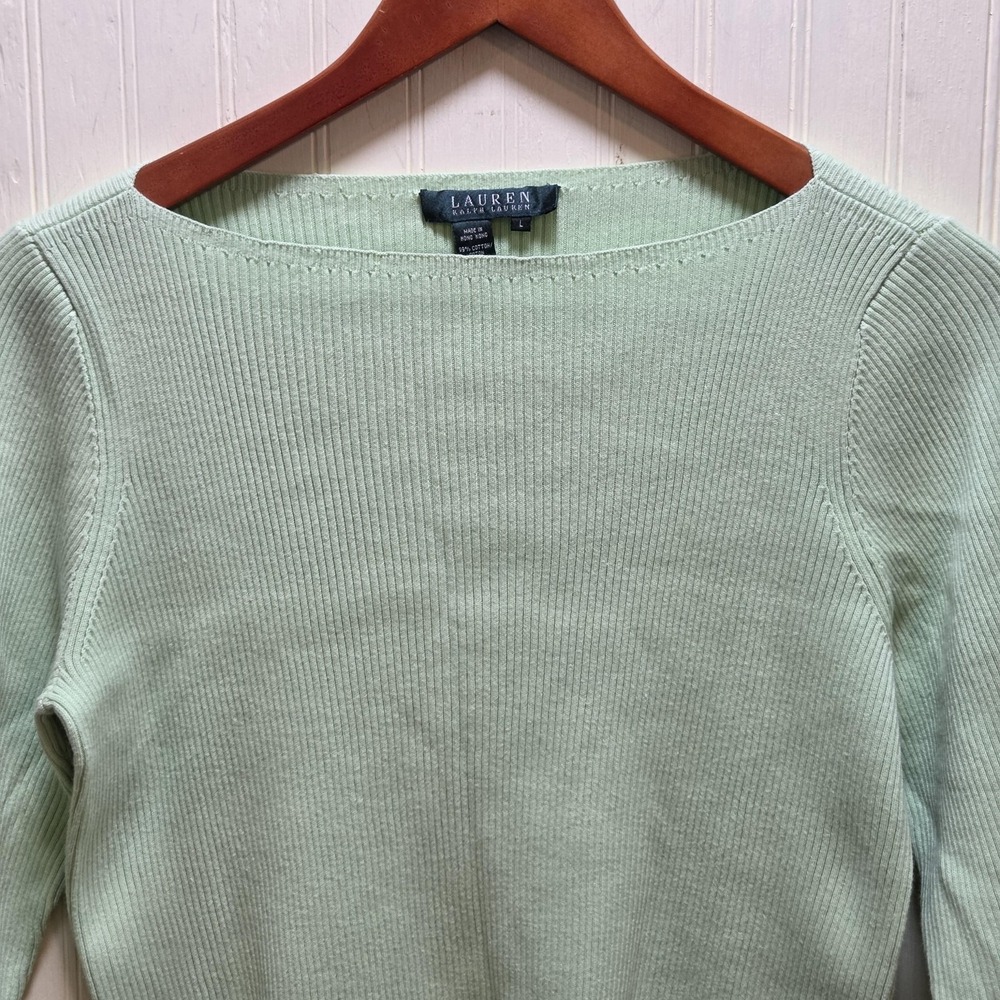 Lauren Ralph Lauren Sweater Womens Large Green Boat Neck Ribbed Knit Pullover